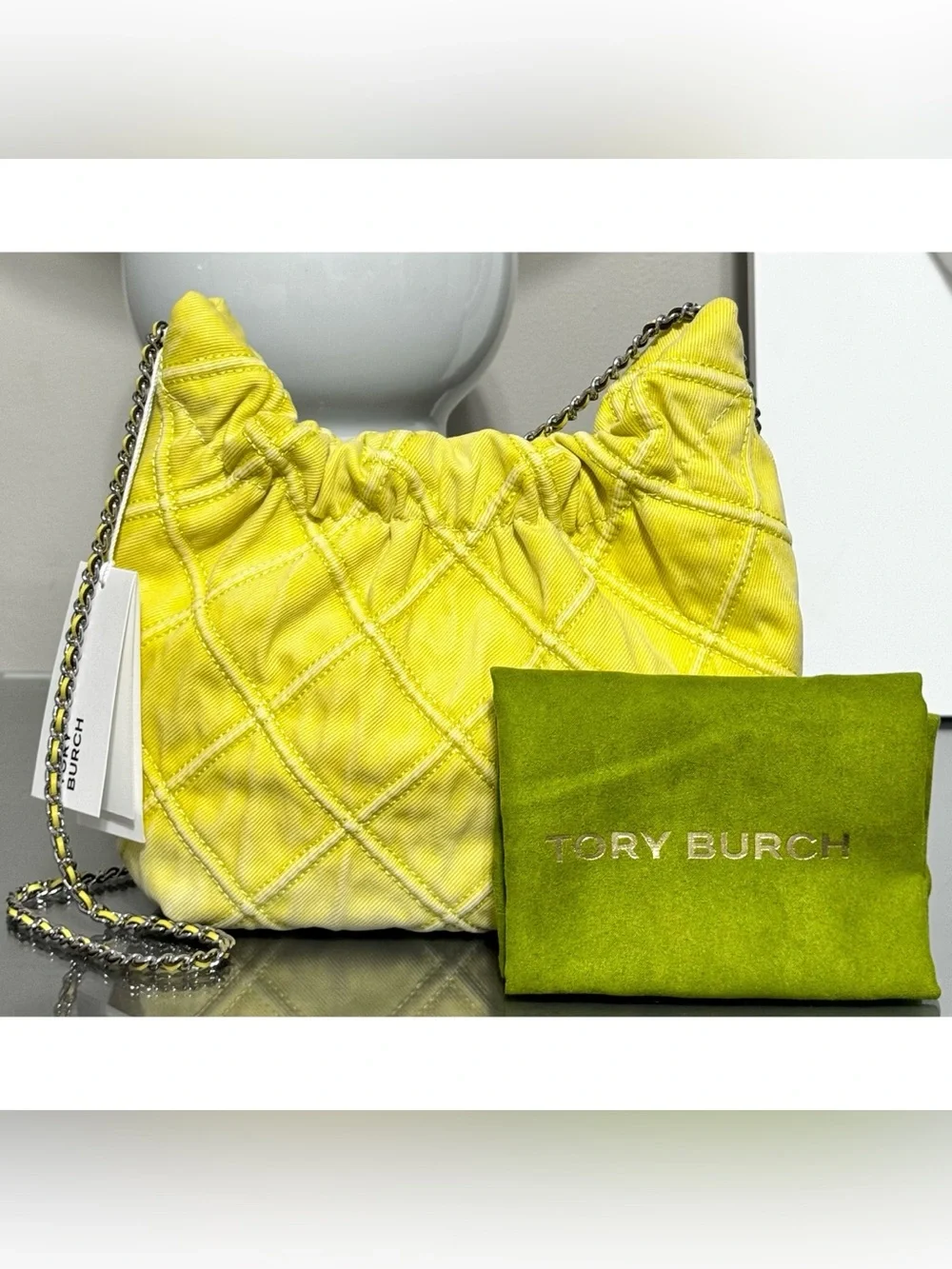 TORY BURCH MINI FLEMING SOFT QUILTED DENIM HOBO BAG, YELLOW